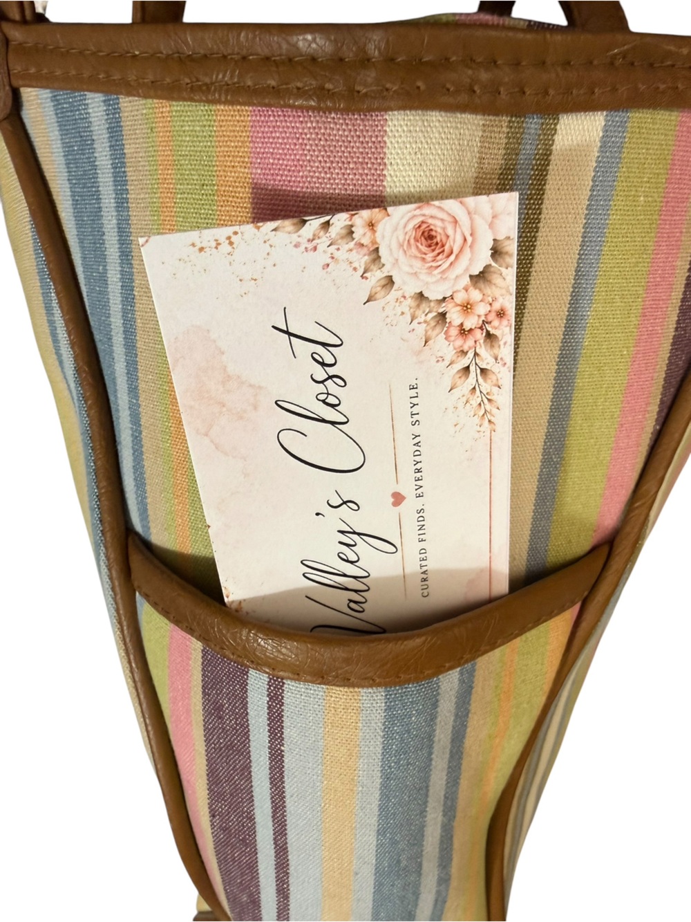Longaberger Homestead Legacy Striped Canvas Tote Bag Brown Trim Pastel Shoulder - Picture 15 of 15